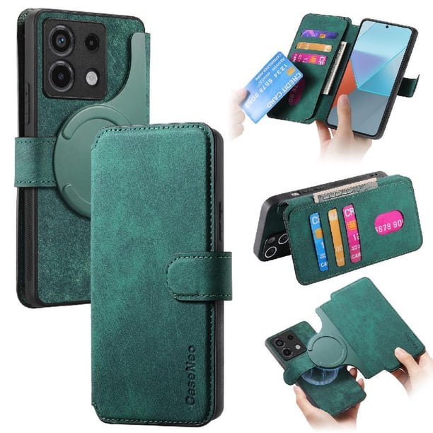 Funda Billetera Magnética para Xiaomi Redmi Note 13 Pro 4G Soporte Tarjetas Desmontable Verde