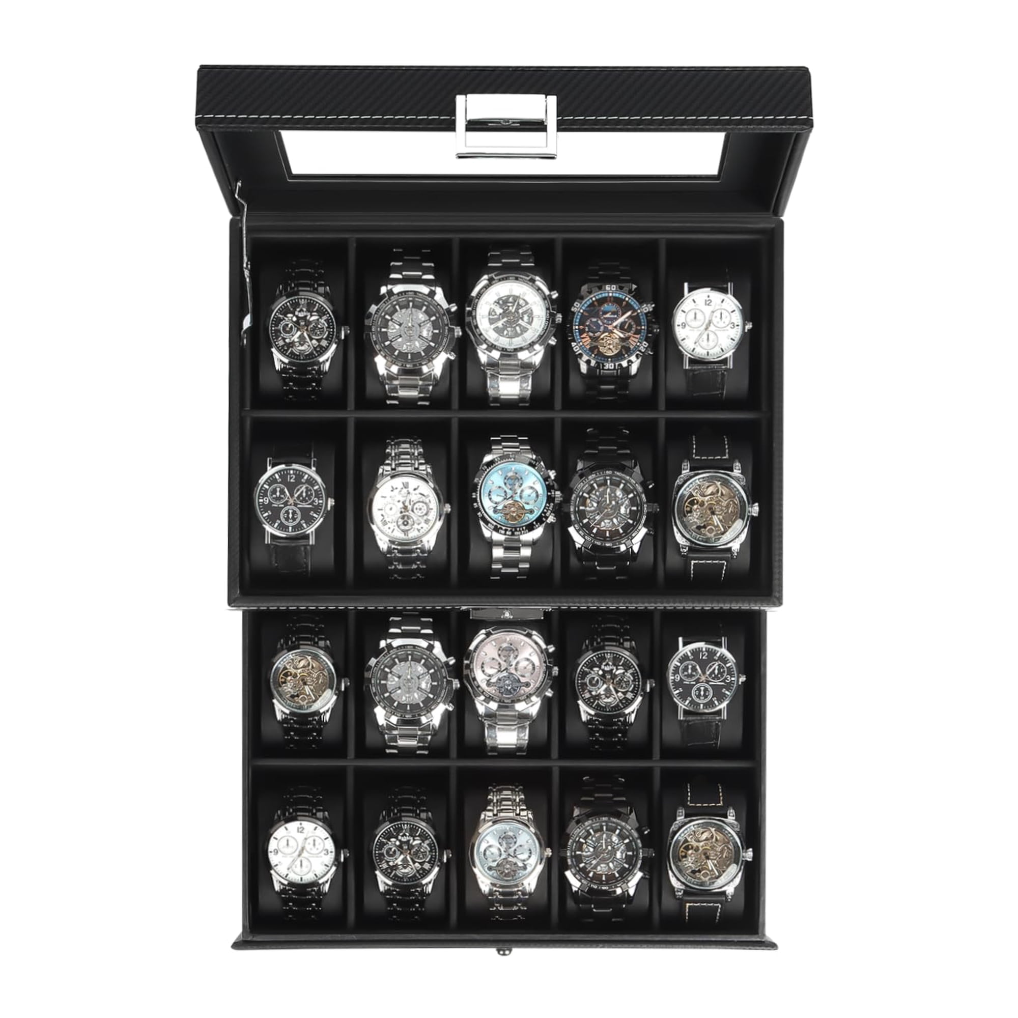 Funda De Reloj Kukikan De 20 Ranuras Y 2 Capas Con Tapa De Cristal Para Hombre