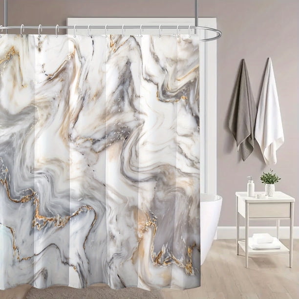 1pc Luxury Gray Golden Marble Shower Curtain Set - Waterproof, Washable, and Standard Size for Bathtub - Includes 12 Plastic Hooks