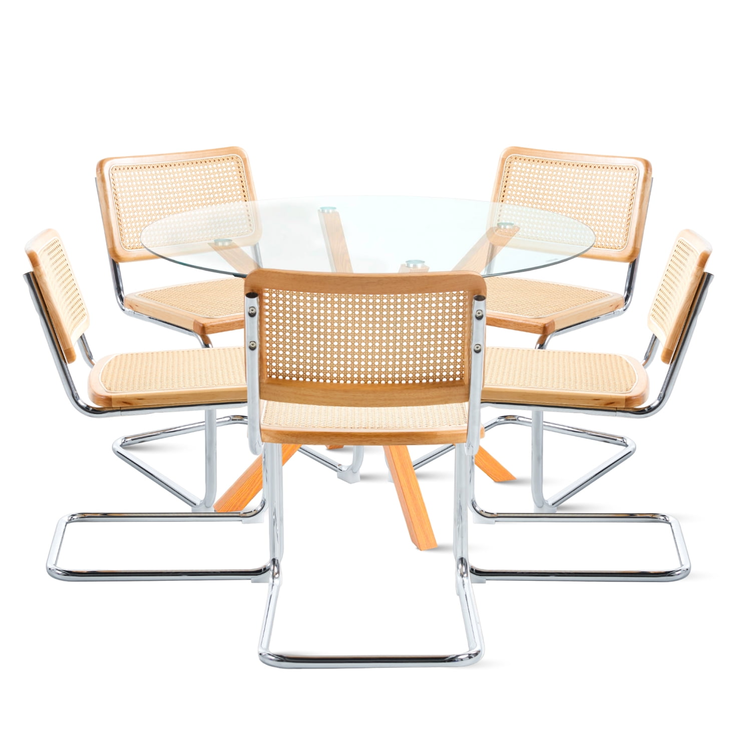 Klik Muebles - Mesa De Comedor Redonda De Vidrio Cross 120cm + 5 Sillas Breuer Madera