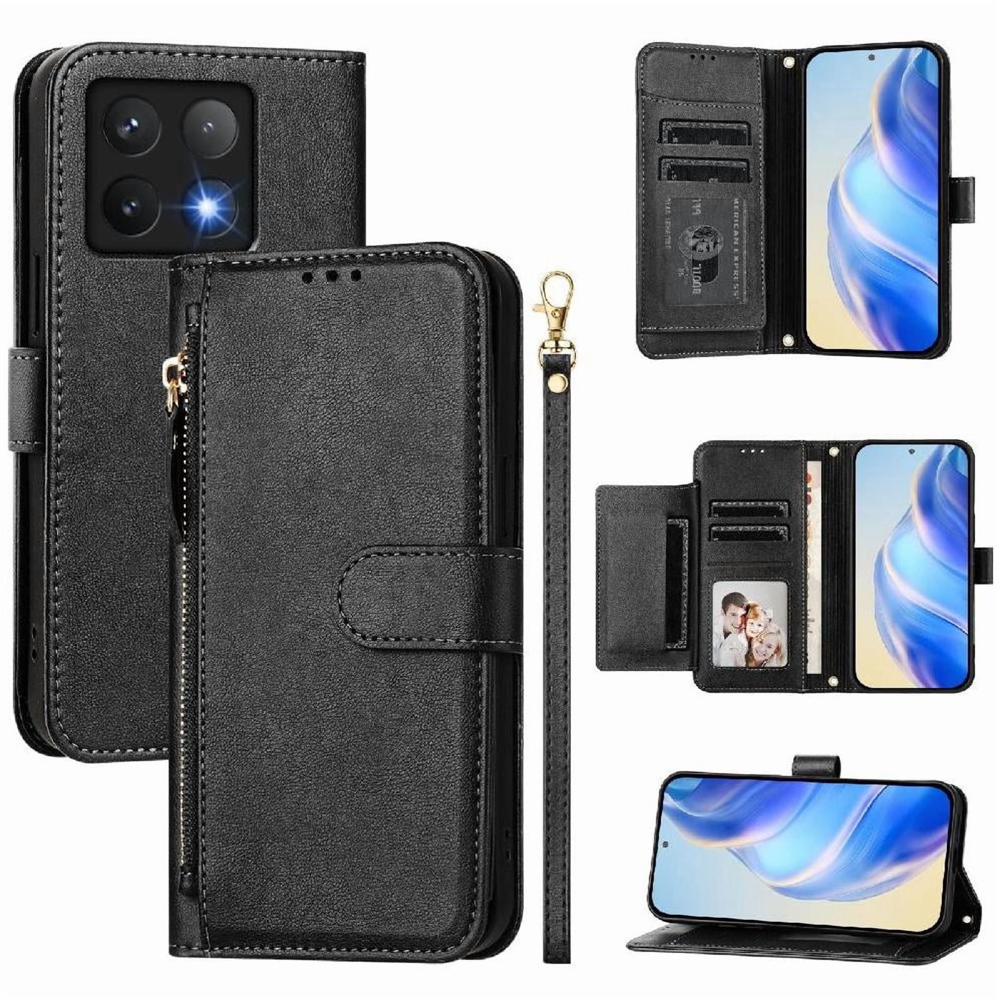 Foxdock - Funda Tipo Billetera Para Xiaomi 14t Con Cremallera Portatarjetas Soporte Correa De Muñeca Cuero Negro