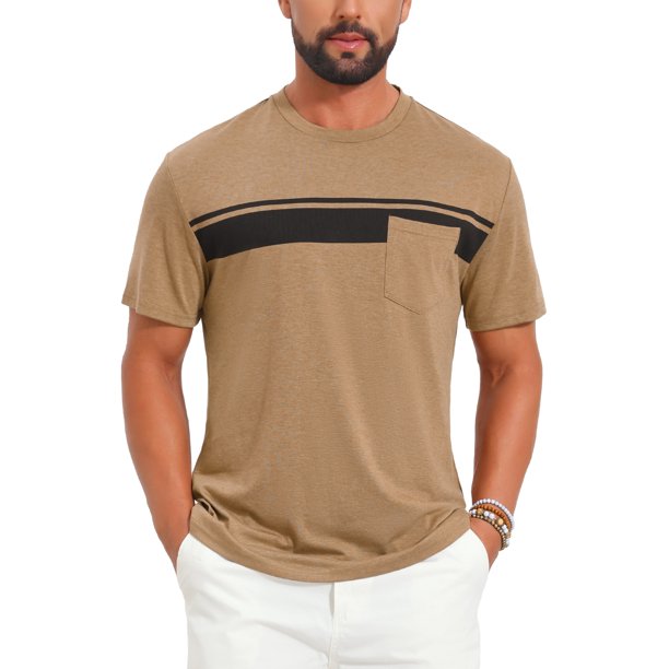 INSPIRE CHIC Camiseta de Hombre con Bolsillo en el Pecho, Estampado de Rayas, Cuello Redondo, Manga Corta, Talla 2XL, Caqui
