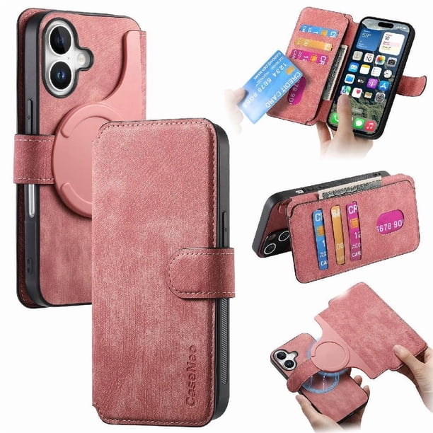Funda Billetera Magnética para iPhone 17 Soporte Tarjetas Desmontable Rosa