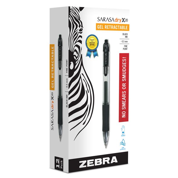 Bolígrafo de Gel Zebra Pen Sarasa Dry X20, 0.5 mm, Punta Fina, Tinta Negra, Paquete de 72