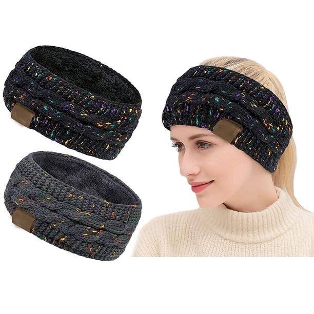 Diadema cálida de invierno para mujer, forro polar peludo, tejido de cable grueso, calentador de orejas
