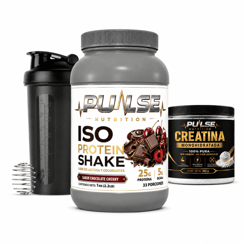 PACK PROTEINA ISO SHAKE 2.2LB CHOCOLATE CHERRY + CREATINA SIN SABOR 300GR + SHAKER- PULSE NUTRITION