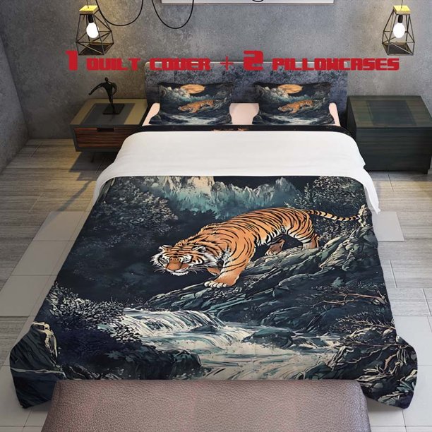 3pcs Tiger Mighty Standing Rock Full Moon Mountain Scenery Night Theme Print Three Piece Bedding Set Soft Quilt Cover And Two Pillowcases