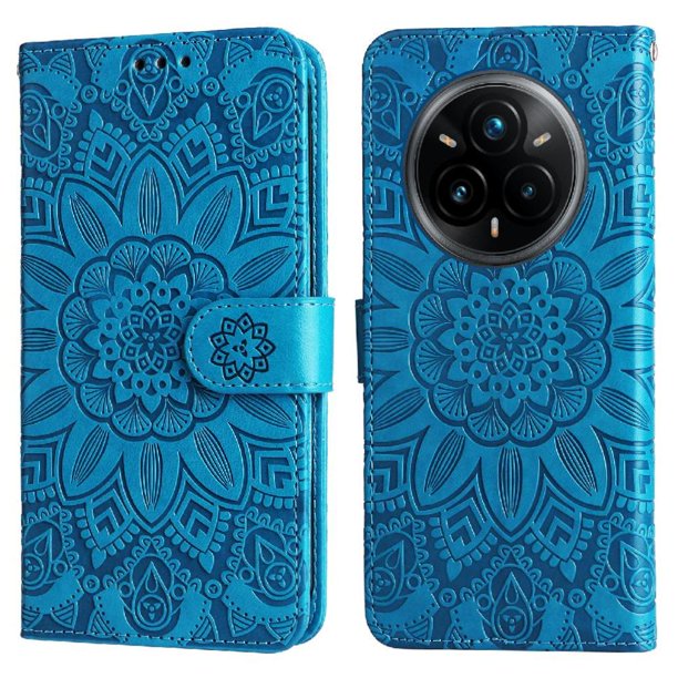 Funda tipo cartera FOXDOCK para Realme 14 Pro Plus , diseño girasol en relieve, cuero PU, cierre magnético, soporte y tarjetero