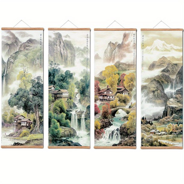 4pcs Asian Canvas Scroll Paintings, Chinese Style Canvas Spray Painting, Four Seasons Mountain River Landscape, Living Room Bedroom Study Decoration, Holiday Gift, 37*12inch, Home Room Decor