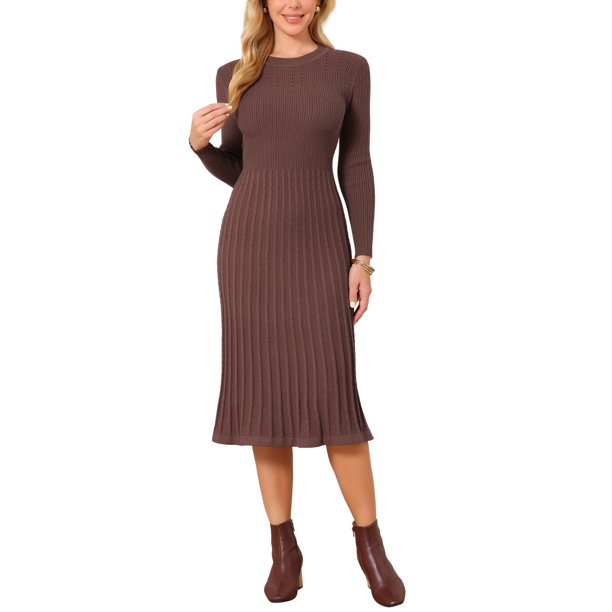 INSPIRE CHIC Vestido de Mujer de Manga Larga Otoño 2026 Cuello Redondo Tejido de Punto Acanalado Plisado Vestidos Midi Línea A XL Café Oscuro