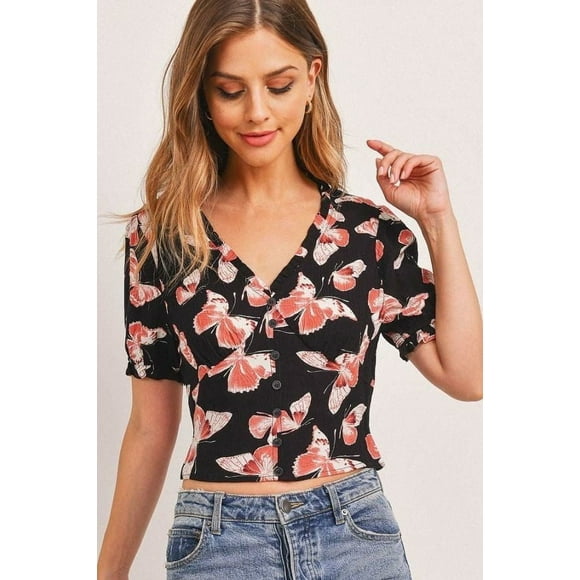 Vestido Corto con Escote en V y Espalda Fruncida con Diseño de Mariposa - Negro/coral, Talla XS