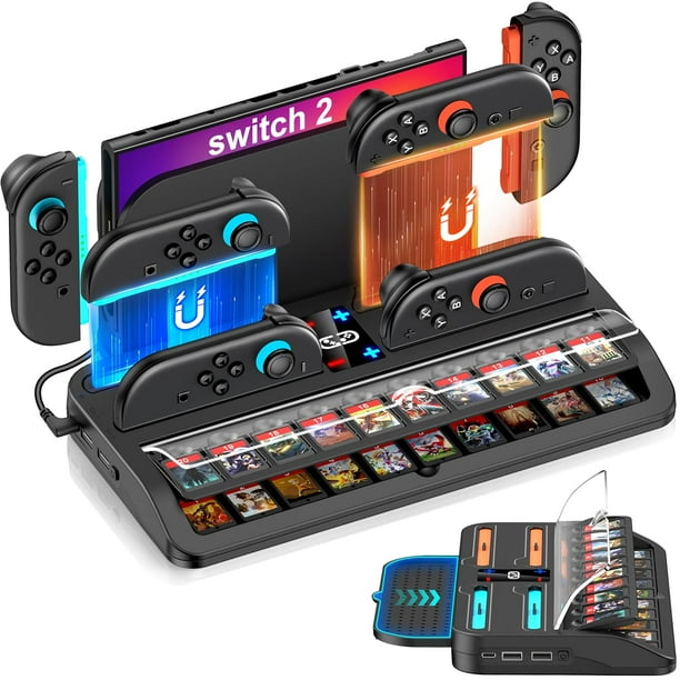 Base organizadora 4 en 1 compatible con Nintendo Switch 2, base, estación de carga para Joy Cons, estuche para 20 tarjetas de juego y base multipuerto