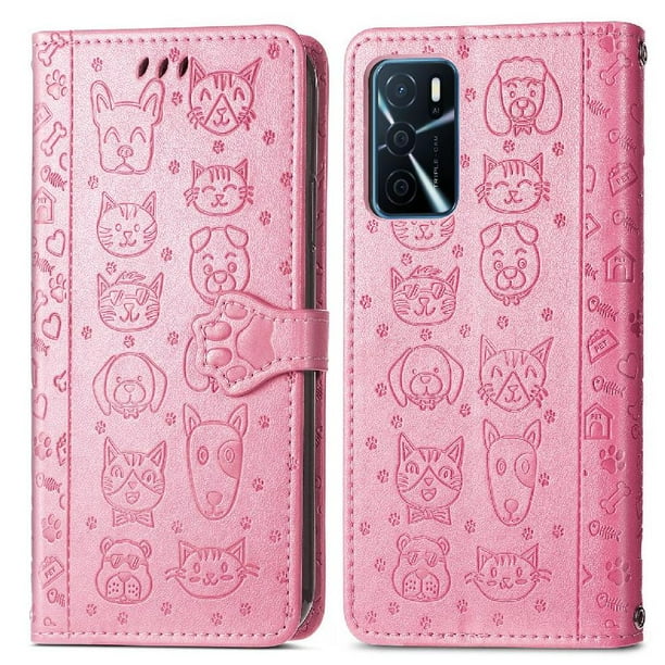 Funda Cartera FOXDOCK para OPPO A16 , Flip PU con Relieve de Gatos y Perros, Tarjetero y Soporte
