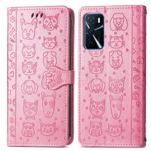 Funda Cartera Foxdock Para Oppo A16 , Flip Pu Con Relieve De Gatos Y Perros, Tarjetero Y Soporte