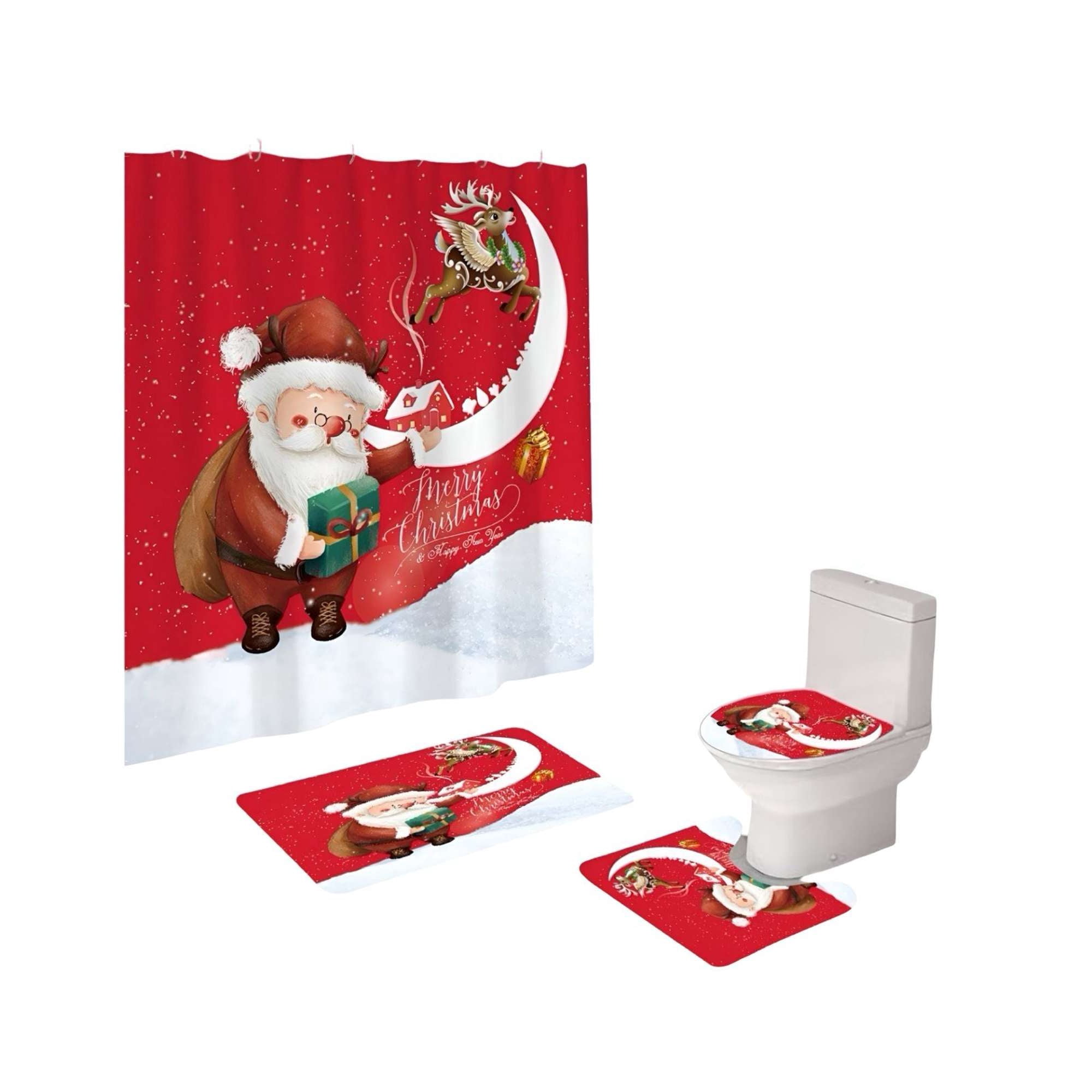 Teng Fei - Set 4 Piezas Cortina De Baño Y Alfombras Diseño Navideño Tf04