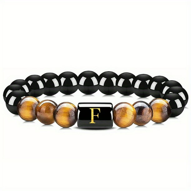 Natural Tiger Eye Stone 26 Letters Obsidian Elastic Rope Bracelet For Men