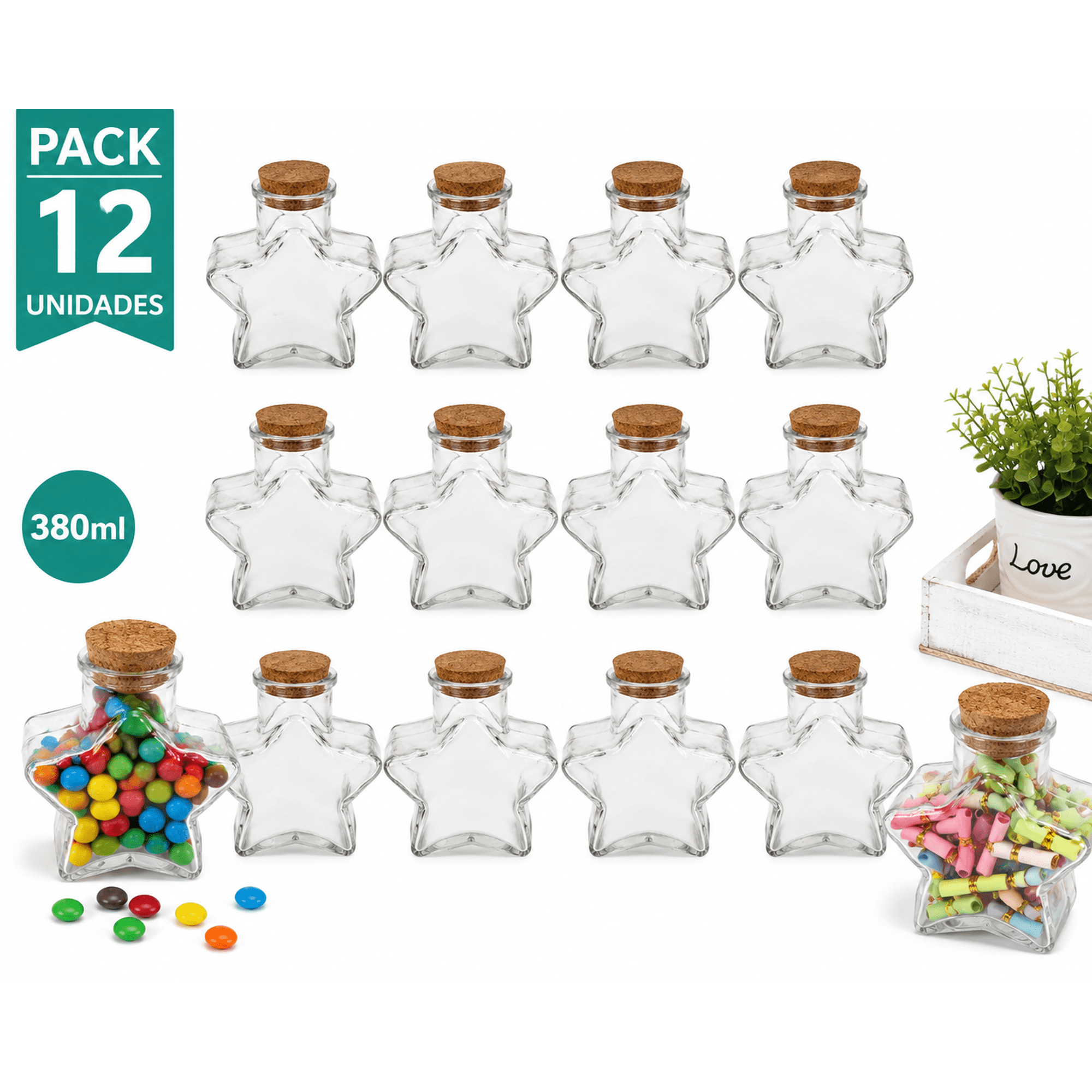 Baima - Pack 12 Frascos Vidrio Forma Estrella 380ml Con Corcho Ideal Regalos Dulces Eventos Decoración