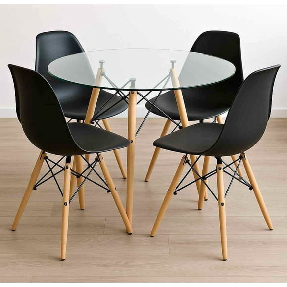 Comedor Mesa Eames Vidrio 80 cm + 4 Sillas Eames Negras