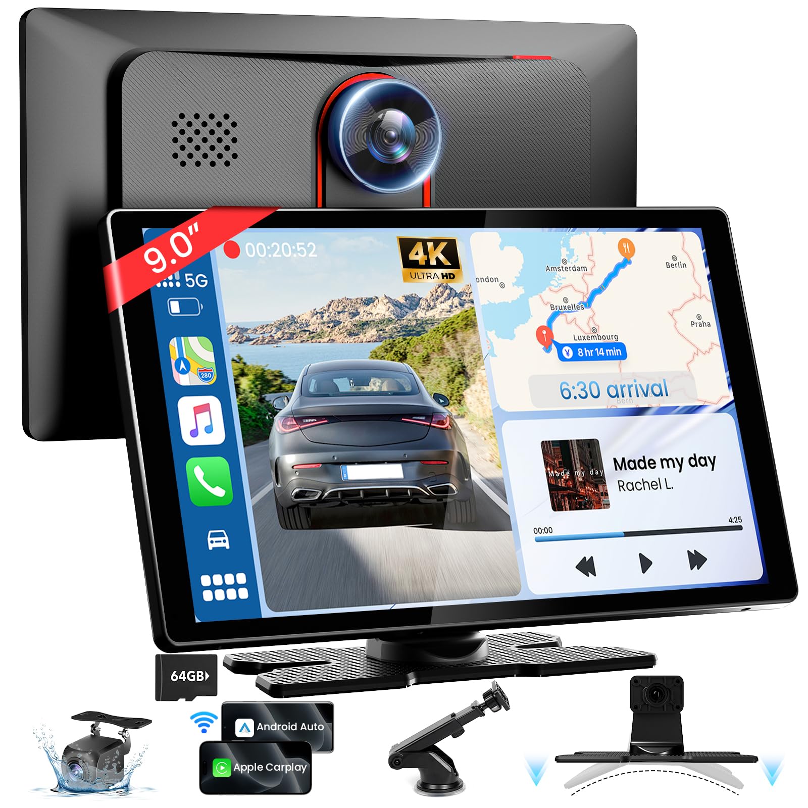 Pantalla Carplay Tecxerllon 9'' Hd Con Cámara De Tablero 4K Y Cámara 1080P