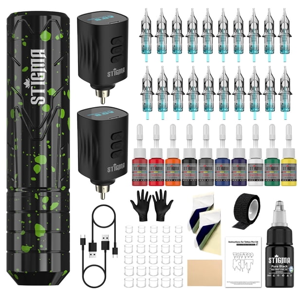 Kit de tatuaje inalámbrico STIGMA con máquina rotativa tipo pen, 2 baterías y 20 agujas