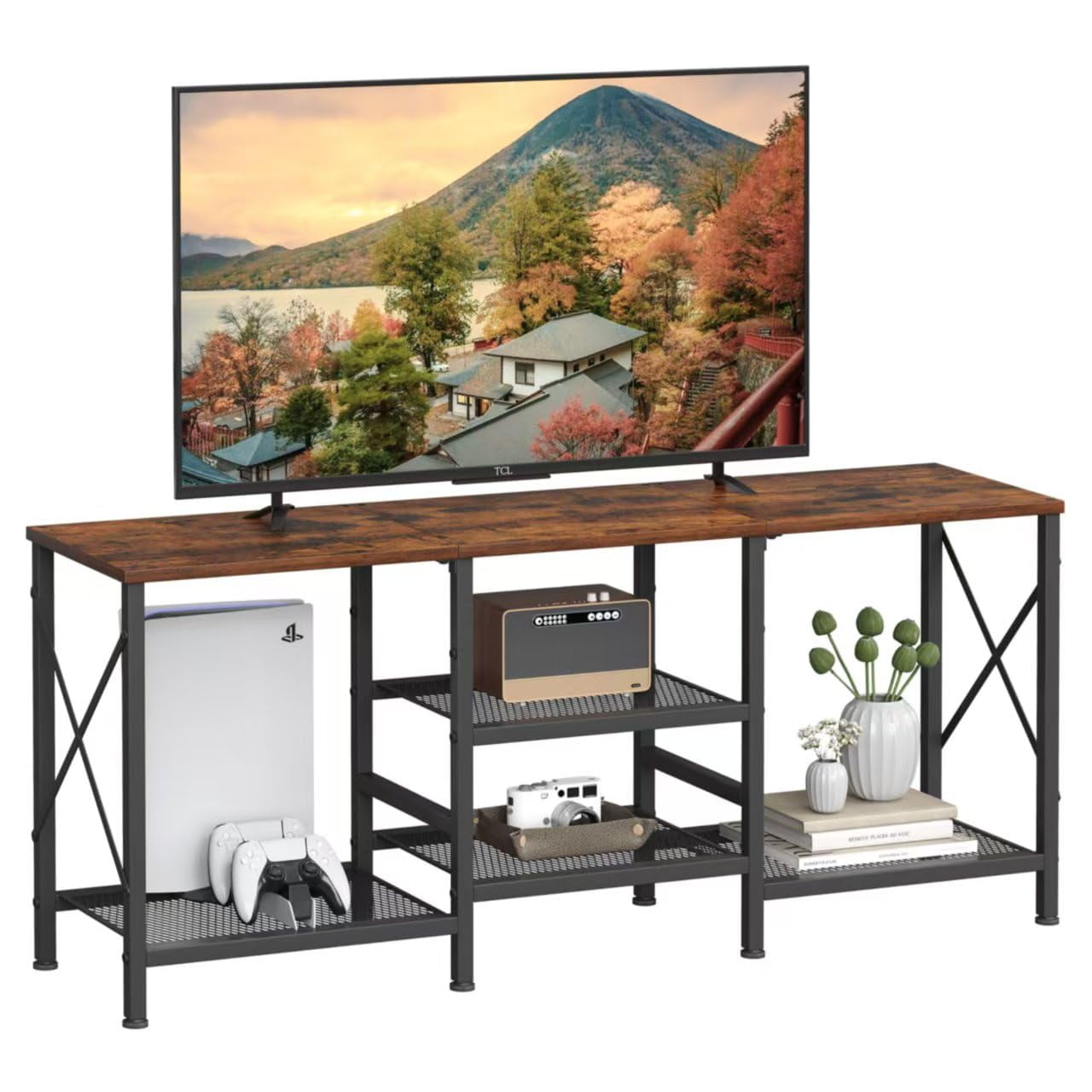 Soporte De Tv Jarhetun Para Tv De 55 Pulgadas Con Estantes Abiertos De 3 Niveles, Color Marrón