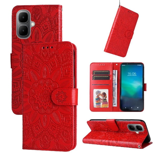 Funda tipo cartera FOXDOCK para Infinix Smart 10 4G , diseño girasol en relieve, cuero PU, cierre magnético, soporte y tarjetero