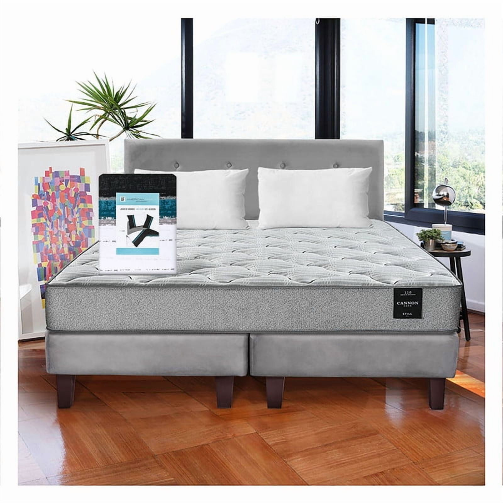 Cama Europea 2 Plazas Combo Cannon +2 Almohadas+sabanas+respaldo Tela Gris
