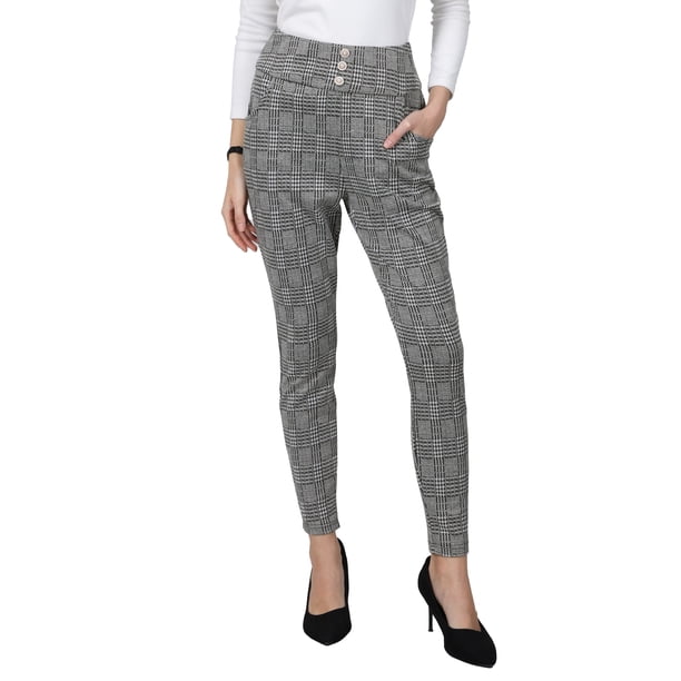 INSPIRE CHIC Pantalones Ajustados de Cuadros para Mujer Cintura Alta Pata de Gallo Trabajo Casual Leggings M Negro Gris