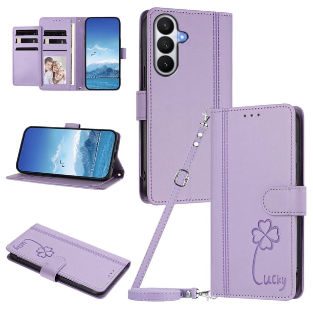 Funda Cartera Trébol para Samsung Galaxy S26 Plus con Ranuras Tarjetas y Carga Inalámbrica Morado claro