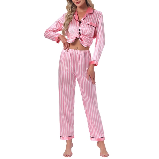 INSPIRE CHIC Conjunto de Pijama de Satén para Mujer, Camisa de Manga Larga de Botones, Pijama de Leopardo a Rayas Sedoso con Bolsillo, Talla L, Rayas Rosadas