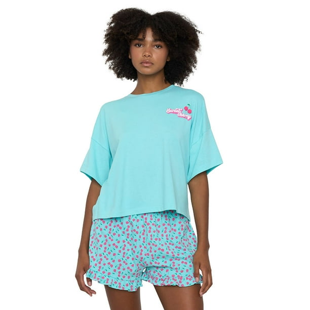 Pijama Mujer Corto Oversize Vuelos Menta Guindas Corona