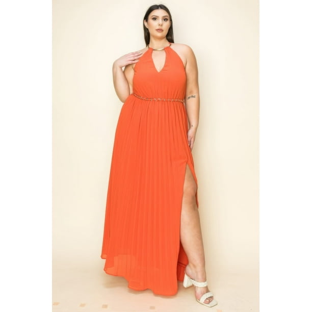 Vestido Largo De Gasa Plisada Con Ribete Dorado Cuello Y Cinturón Abertura En El Pecho Color Óxido (talla Grande Para Mujer)