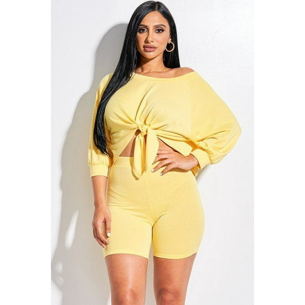Saronite Conjunto de Dos Piezas de Top y Shorts Holgados con Hombros Descubiertos y Nudo Frontal de Felpa Francesa Lisa Basics, Amarillo (para Mujer)