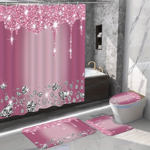 4Pcs Bathroom Shower Curtain Set, Sparkling Diamond-Pattern Bathroom Curtain With 12 Hooks, Bathroom Non Slip Rugs, Toilet Cover Mat, Bathroom Partition, Room Decor