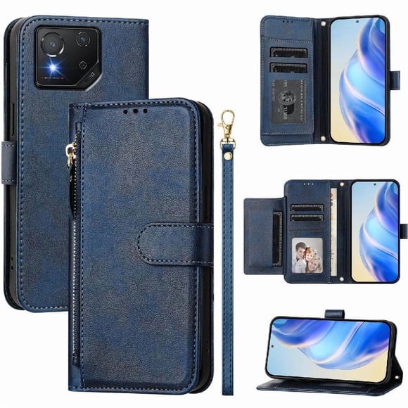 Funda tipo libro para ASUS ROG Phone 8/8 Pro con bolsillo con cremallera, cierre magnético, 7 ranuras para tarjetas y correa para la muñeca.