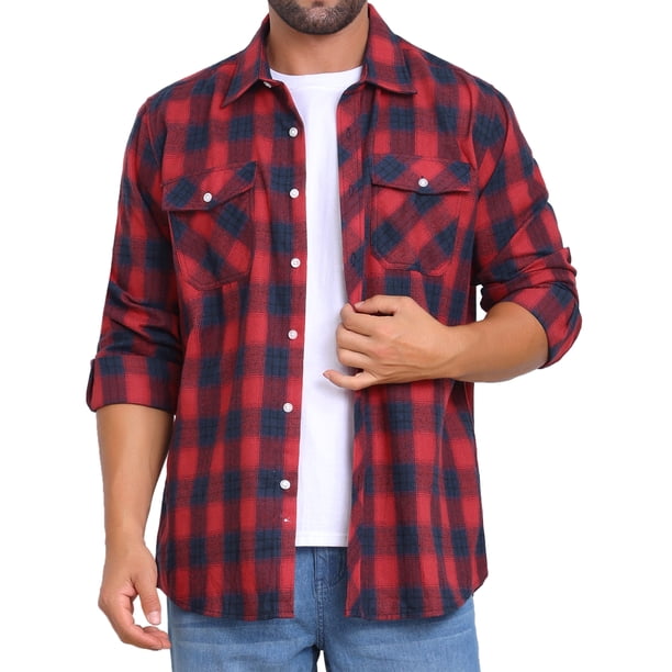 INSPIRE CHIC Camisas de Hombre de Manga Larga Ajustadas con Botones y Bolsillo a Cuadros de Colores Contrastantes M Rojo Azul