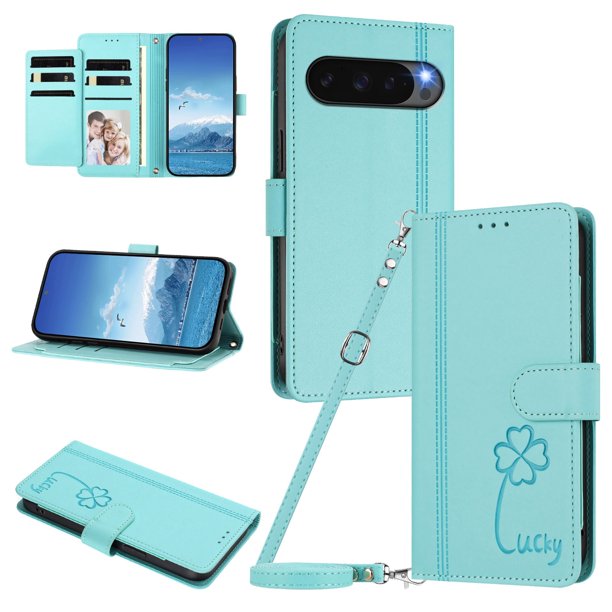 Funda Cartera Trébol para Google Pixel 9 Pro XL 5G con Ranuras Tarjetas y Carga Inalámbrica Verde menta