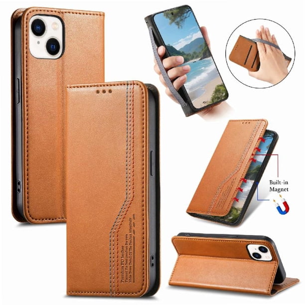 Funda tipo cartera para iPhone 14 de piel con cierre magnético, ranuras para tarjetas y correa para la muñeca Marrón