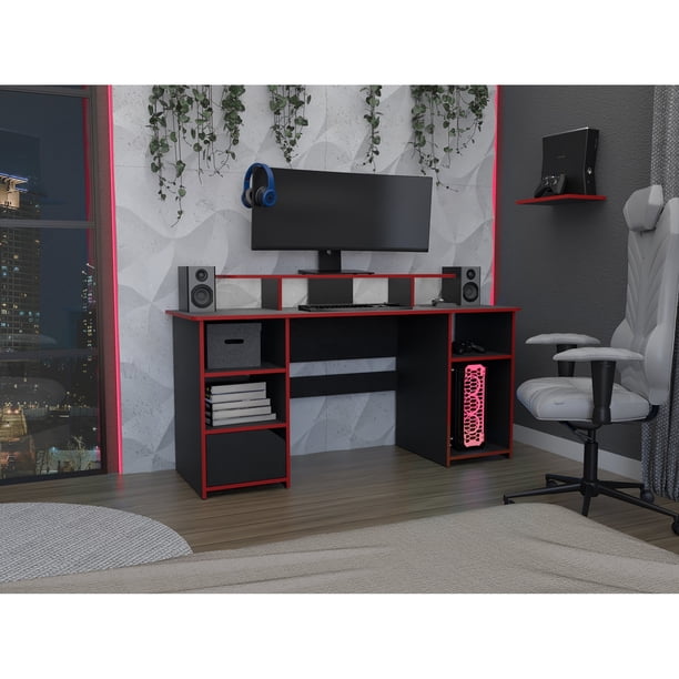 Escritorio Gamer Keria Con Puerta | Mesa Gamer Wengue Y Rojo | Escritorio PC Gaming Moderno