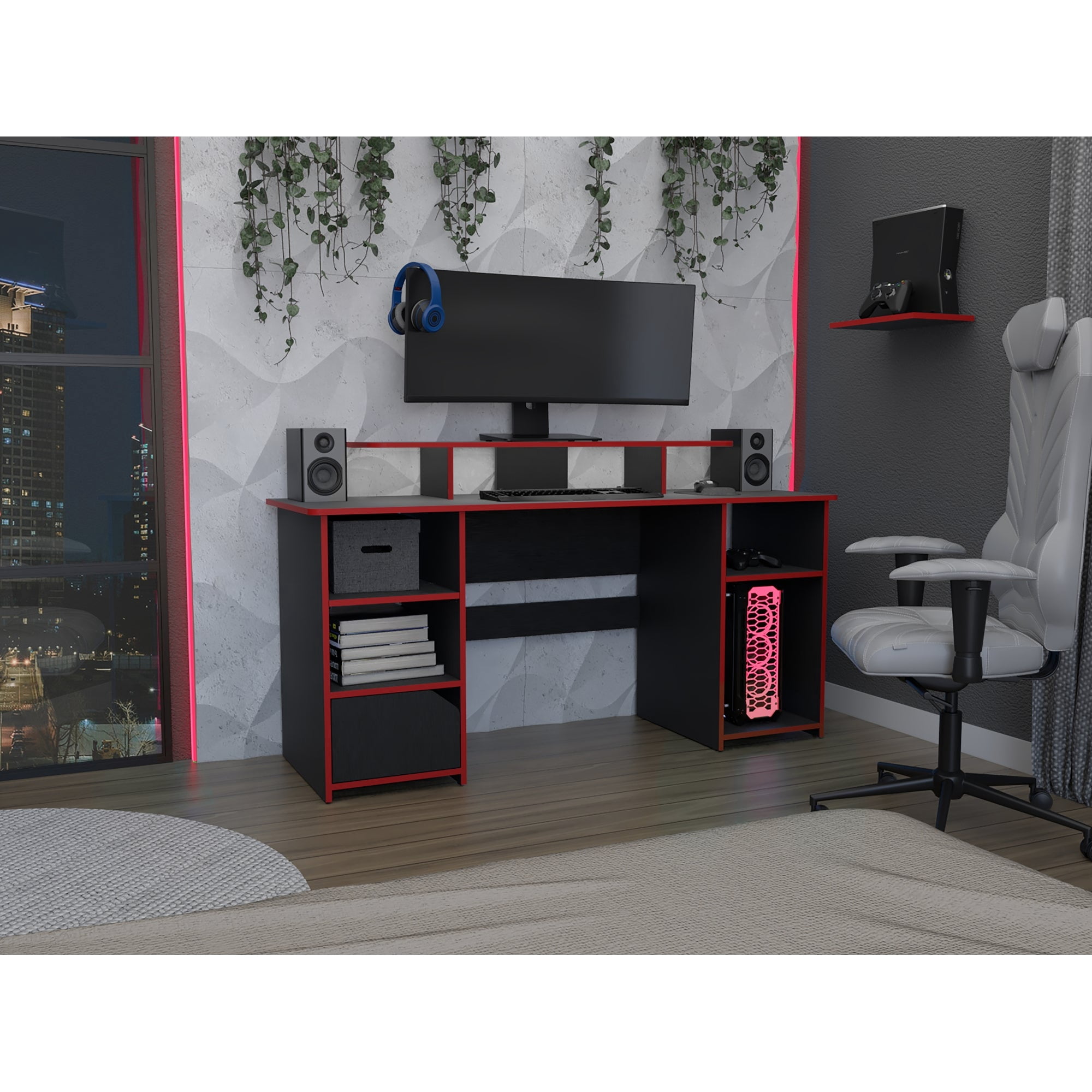 Tuhome - Escritorio Gamer Keria Con Puerta | Mesa Gamer Wengue Y Rojo | Escritorio Pc Gaming Moderno