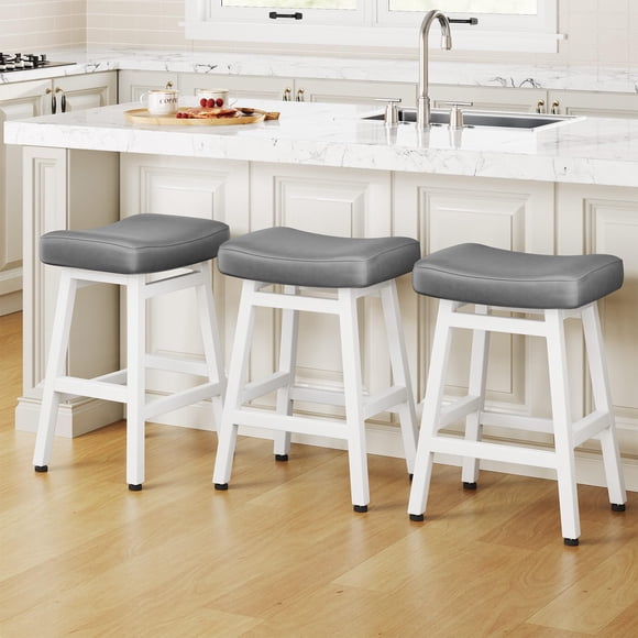 Set de 3 taburetes de bar Raynesys con asiento de cuero tipo silla de montar de 61 cm