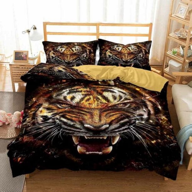 Animal Roaring Tiger Quilt Duvet Cover Set Kids Bedclothes Doona Cover Soft3-Piece Bedding Set