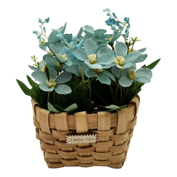 Planta Artificial Macetero Estilo Mimbre Flores Celestes