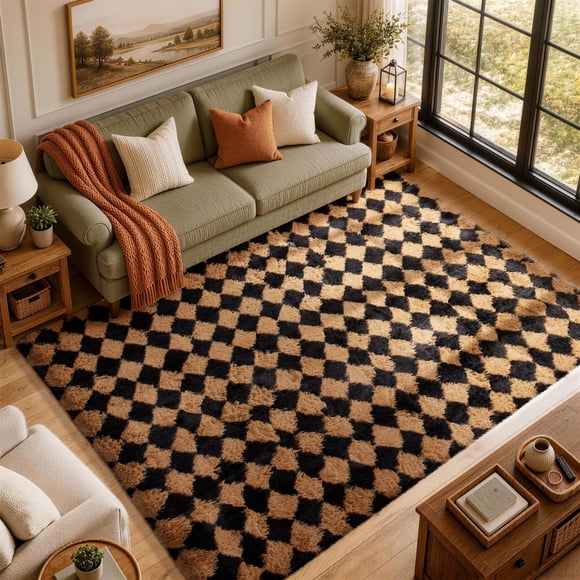 Alfombra Ophanie 244 cm negra y beige con diseño de cuadros diamante