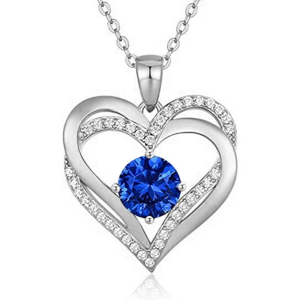Collar Love Pendant Birthstone Zirconia Corazón Doble Plata