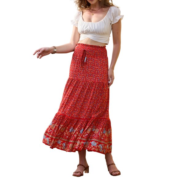 INSPIRE CHIC Falda larga de verano para mujeres 2026 con estampado floral bohemio y cintura alta elástica A Line Beach Skirt S Rojo
