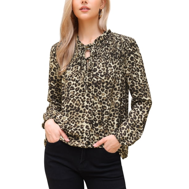 INSPIRE CHIC Blusa de Mujer con Estampado de Leopardo, Cuello con Lazo Fruncido, Manga Larga de Linterna, Talla XL, Estampado de Leopardo