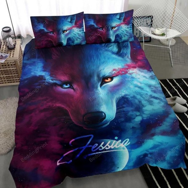 Wolf Pink And Blue Watercolor Personalized Custom Quilt Duvet Cover Set Double3-Piece Bedding Set