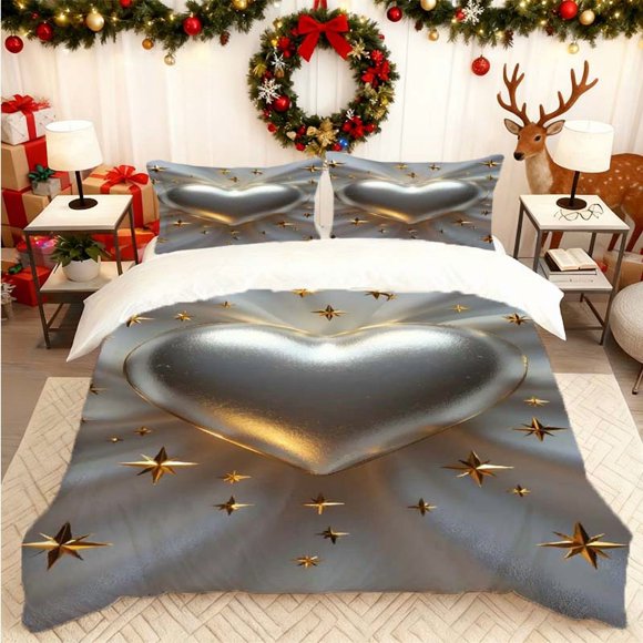 Golden Heart Print Duvet Cover Set Bedding Includes Duvet Cover + 2 Pillowcases Suitable for All Seasons an Essential for Home Bedroom or Guest Room a Perfect G