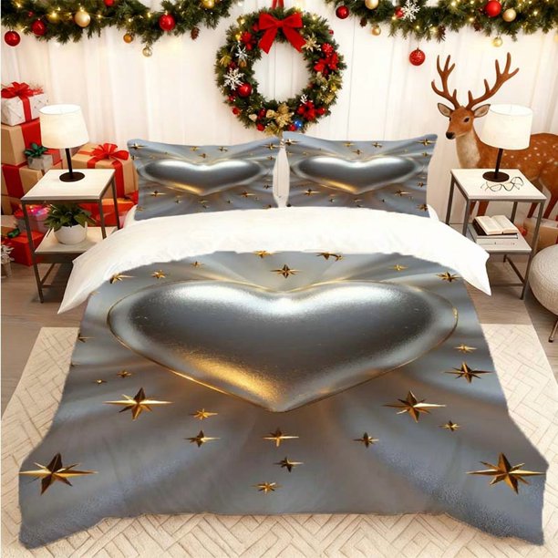 Golden Heart Print Duvet Cover Set Bedding Includes Duvet Cover + 2 Pillowcases Suitable for All Seasons an Essential for Home Bedroom or Guest Room a Perfect G